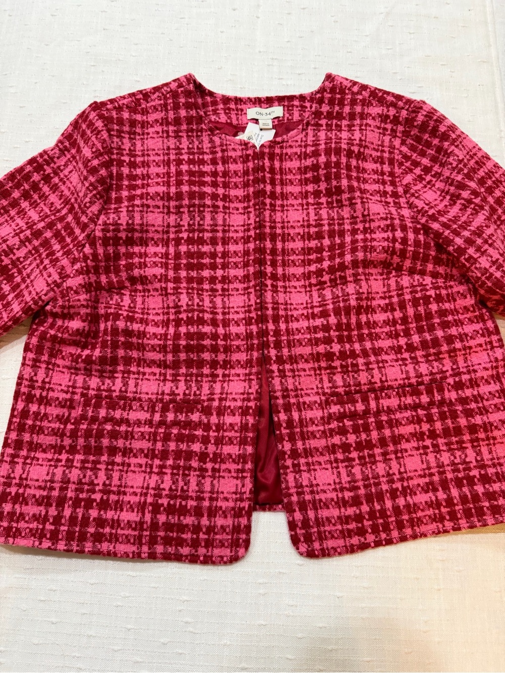 On Jay Pink Plaid Open-Front Women's Blazer
